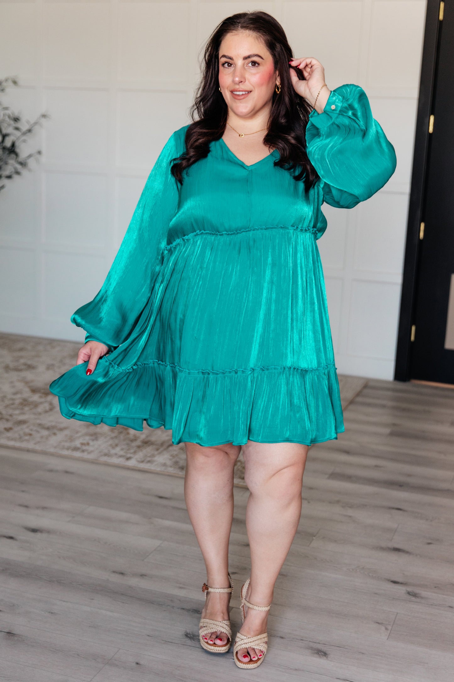 Head Held High V-Neck Balloon Sleeve Dress - Jodifl