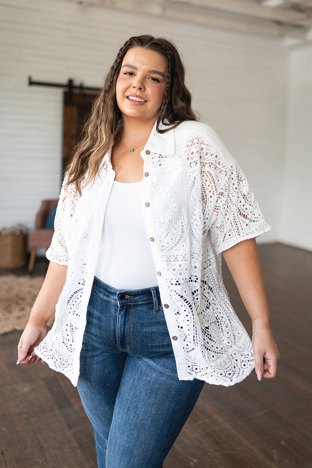 Head in the Clouds Lace Button Down - Very J