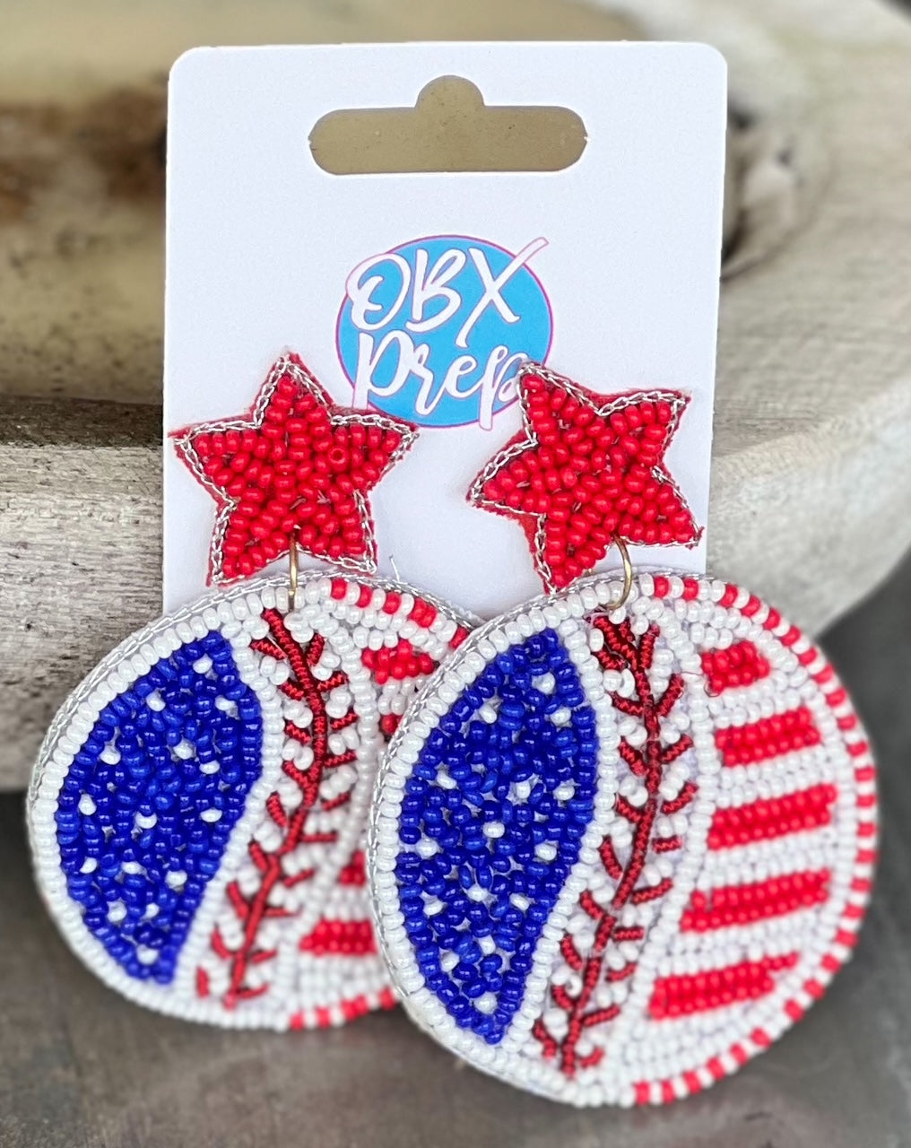 Patriotic Baseball Seed Beaded Earrings