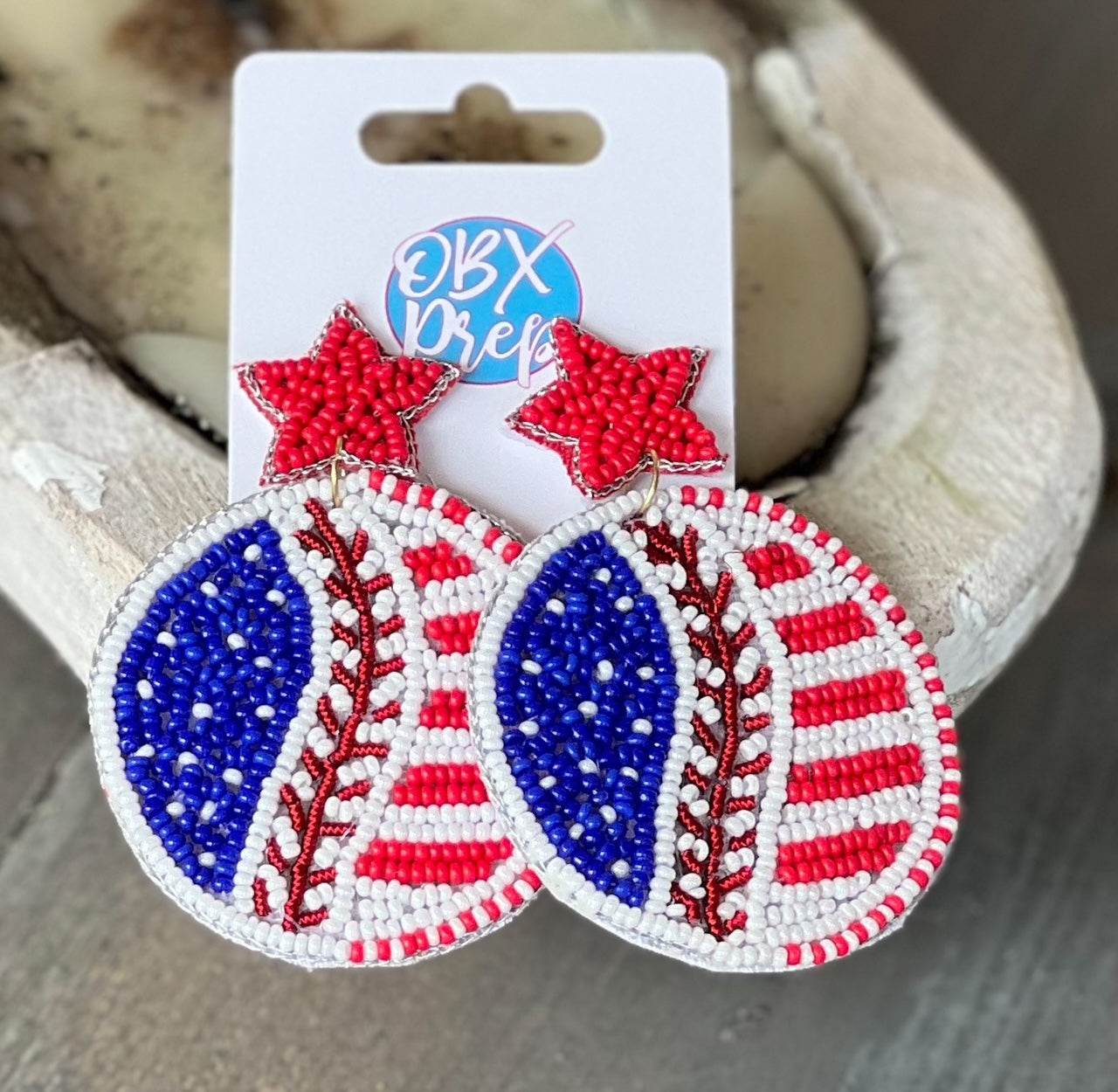 Patriotic Baseball Seed Beaded Earrings