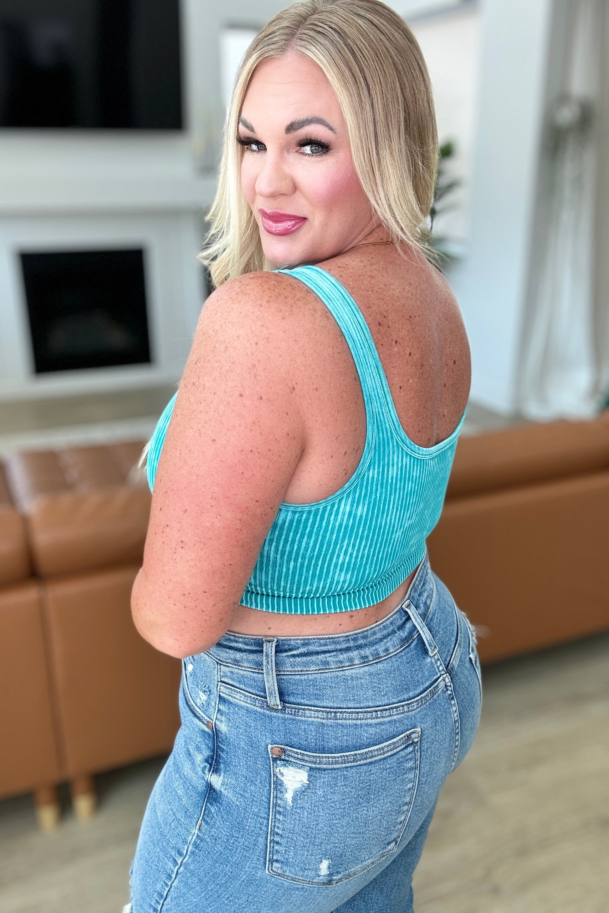 When and Where Reversible Ribbed Cropped Tank in Light Teal - Zenana