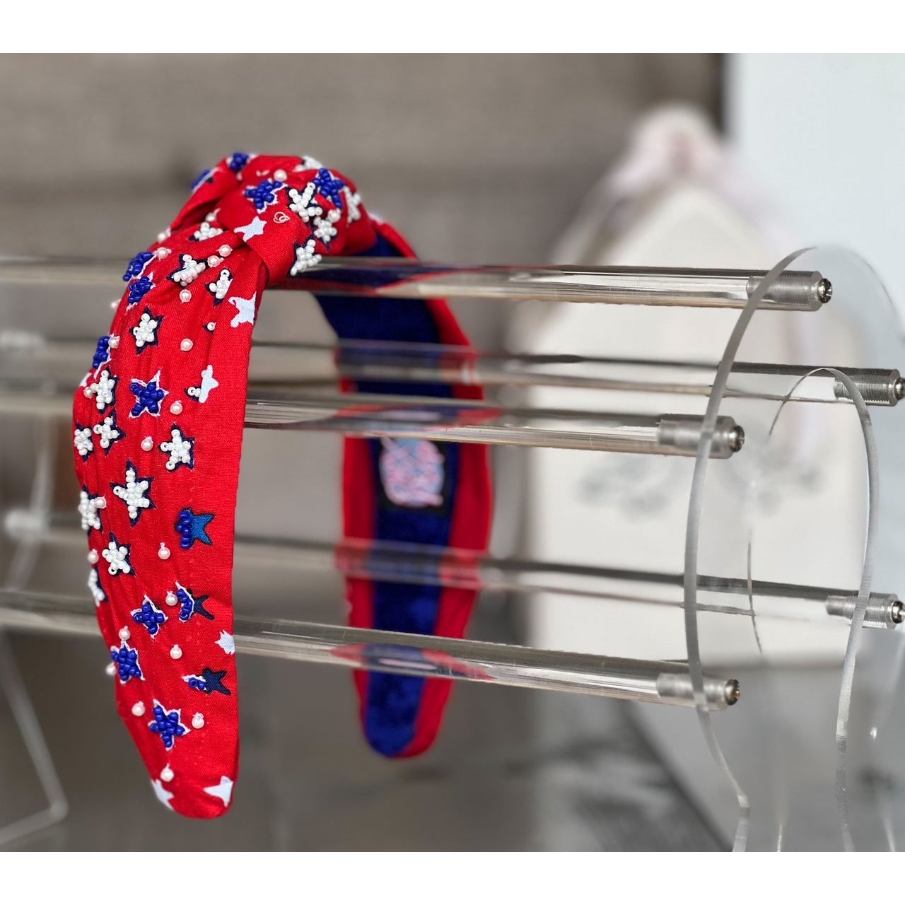 Patriotic Red Seed Beaded Star Top Knot Headband
