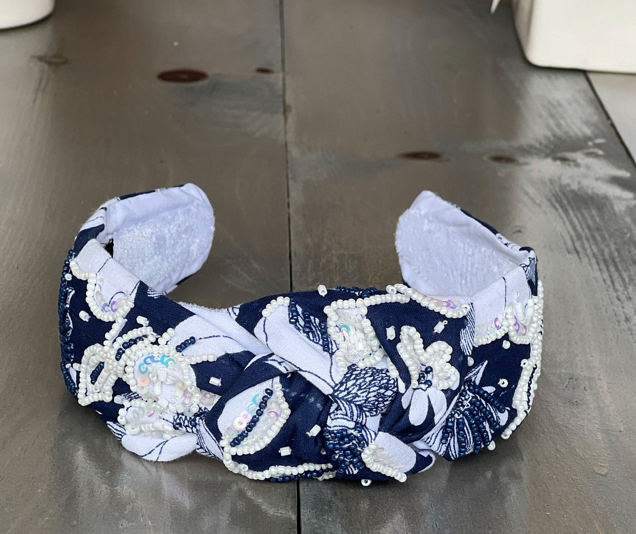 Classic Navy and White Floral Sequin and Seed Beaded Top Knot Headband