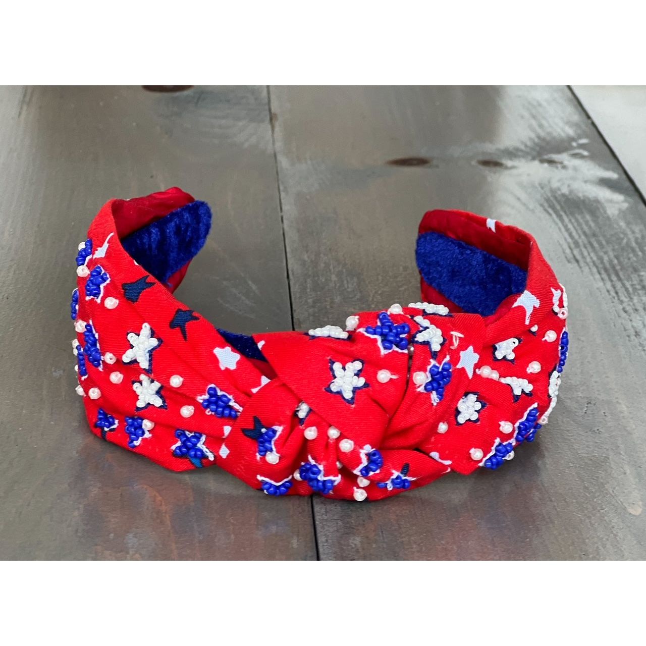 Patriotic Red Seed Beaded Star Jeweled Top Knot Headband 4th of July