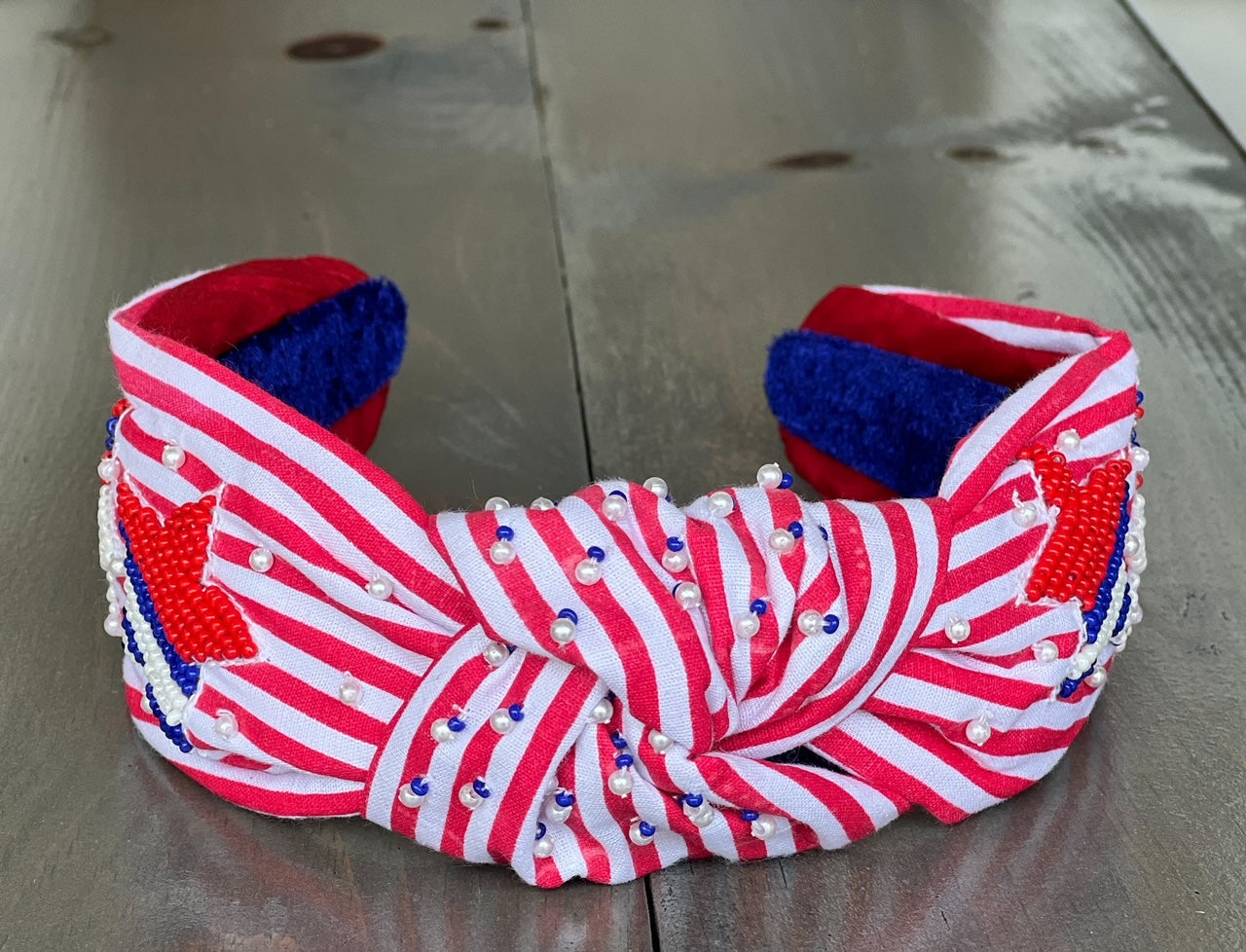 Patriotic Red White Stripe Star Top Knot Headband 4th of July