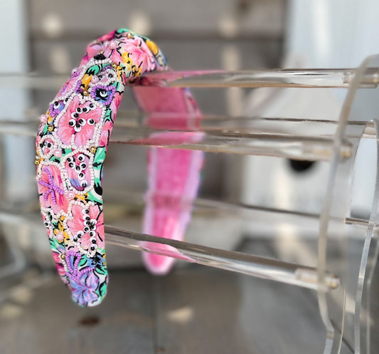 Purple and Pink Floral Seed Beaded Top Knot Handmade Headband