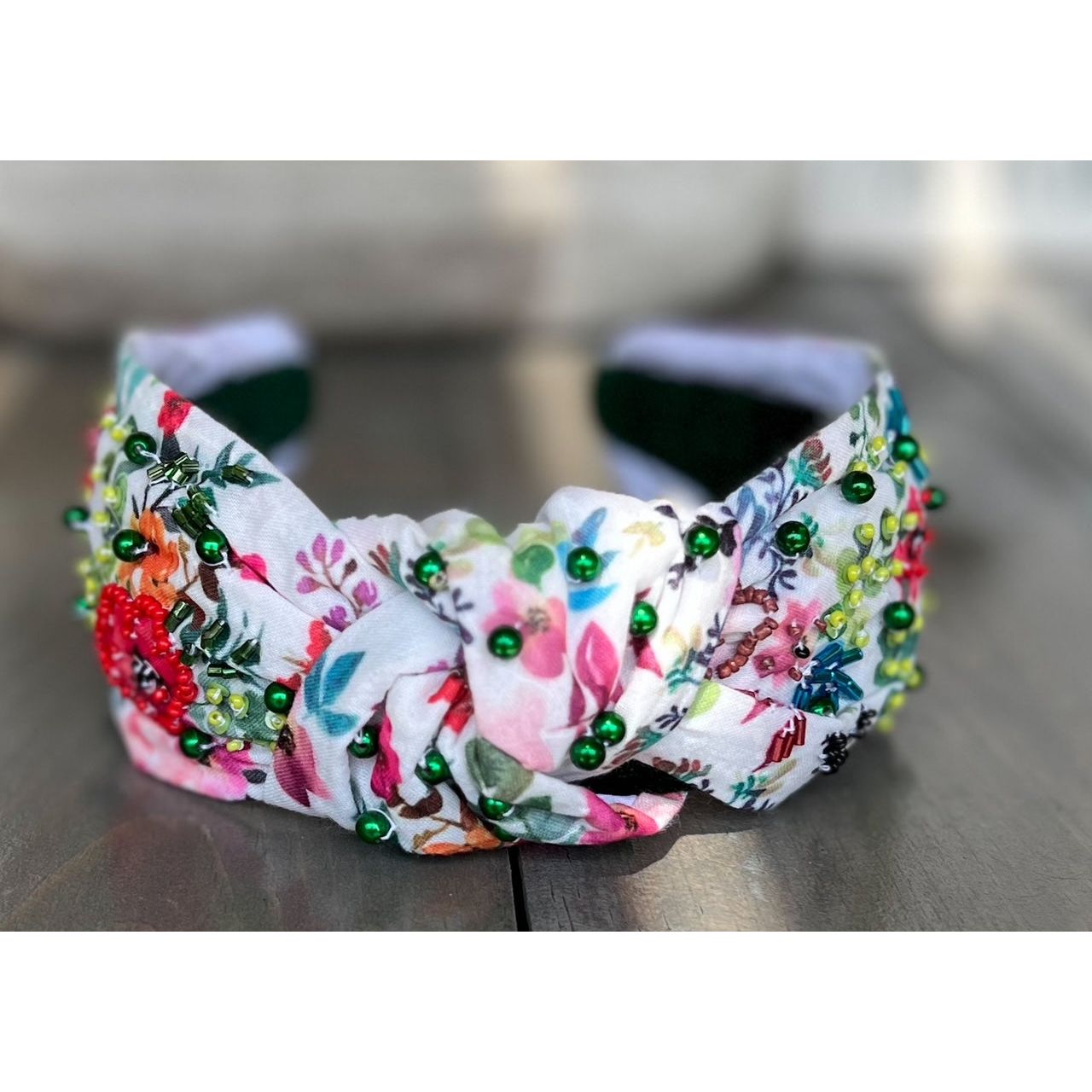 Sara Garden Floral Top Knot Seed Beaded Handmade Headband