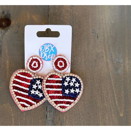 American Flag Heart Seed Bead Dangle Earrings.