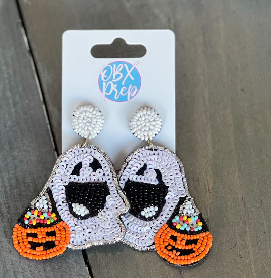 Ghost with Pumpkin Sequin Beaded Dangle Earrings