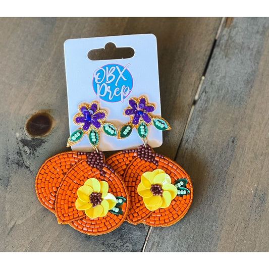 Pumpkin with Flowers Seed Beaded Drop Earrings.