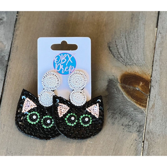 Black Cat Seed Beaded Dangle Earrings.