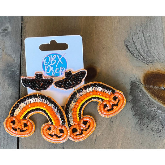 Halloween Rainbow With Pumpkin Seed Bead Drop Earrings.