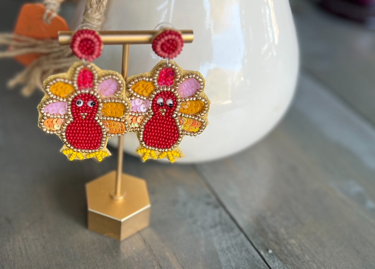 Turkey Autumn and Thanksgiving Seed Bead Dangle Earrings