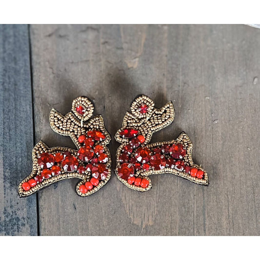 Reindeer Christmas Red Rhinestone Seed Bead Drop Earrings