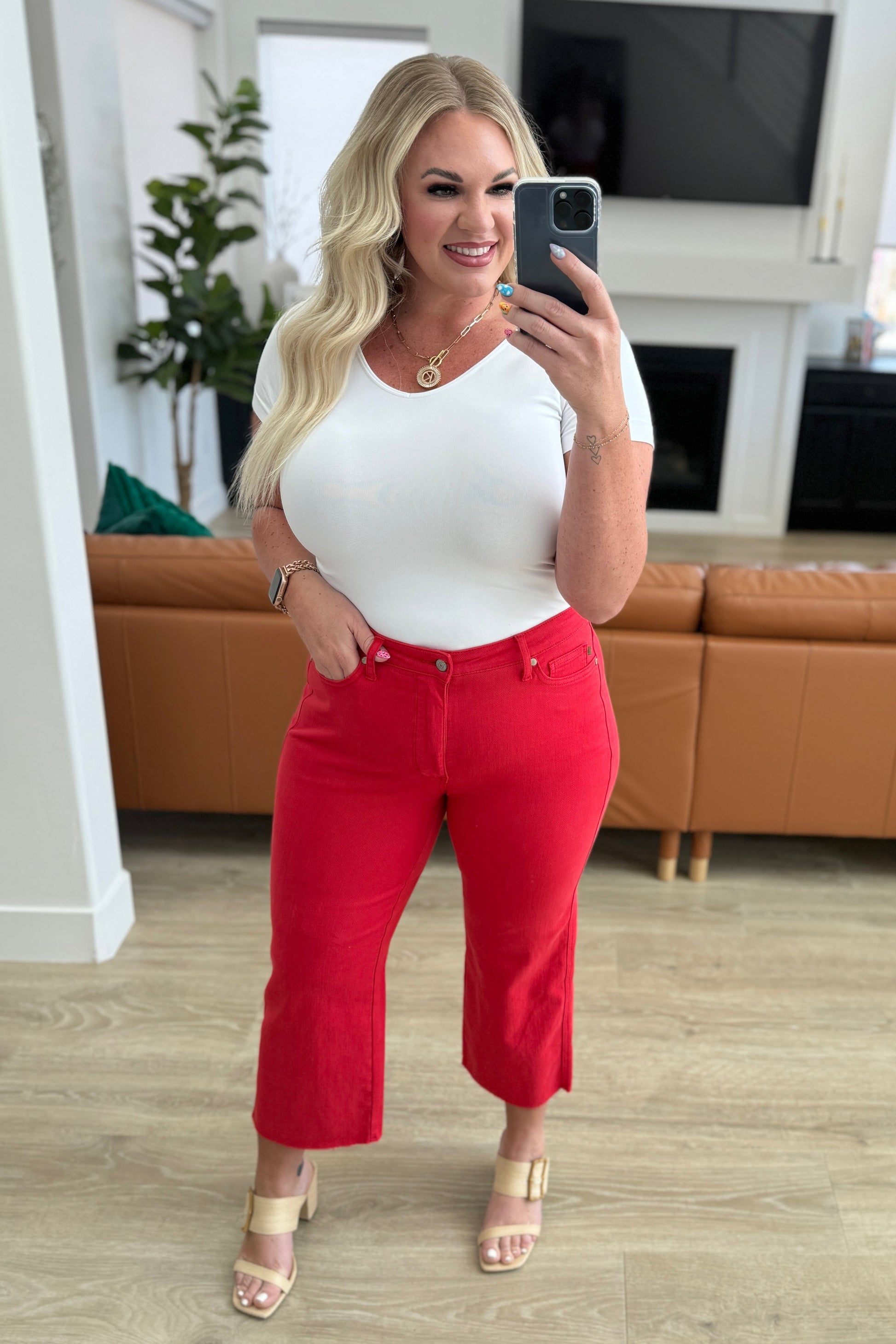 Lisa High Rise Control Top Wide Leg Crop Jeans in Red - Judy Blue