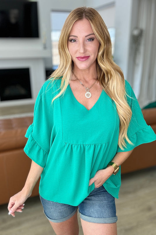 Airflow Peplum Ruffle Sleeve Top in Emerald - Andree By Unit