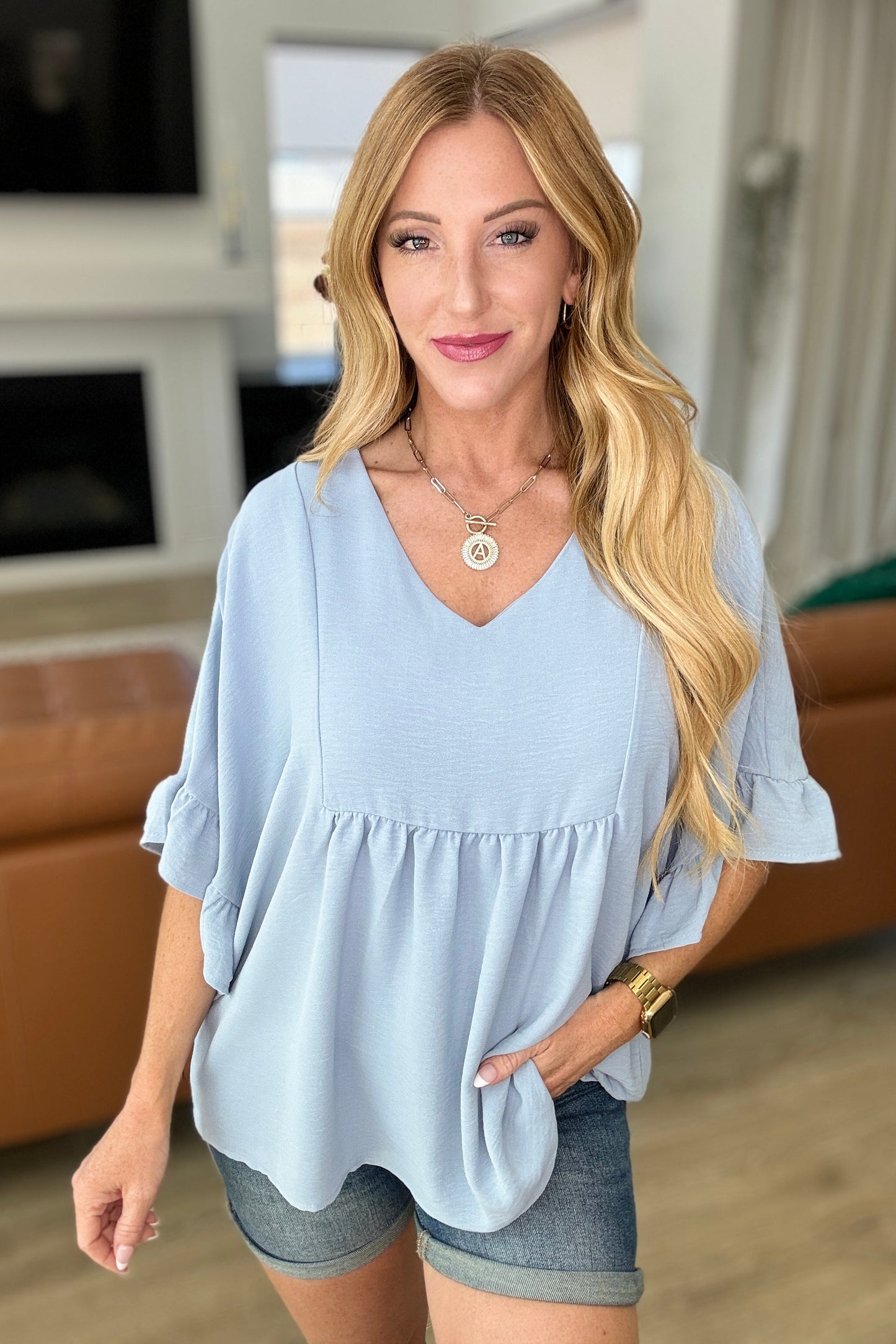 Airflow Peplum Ruffle Sleeve Top in Chambray - Andree By Unit