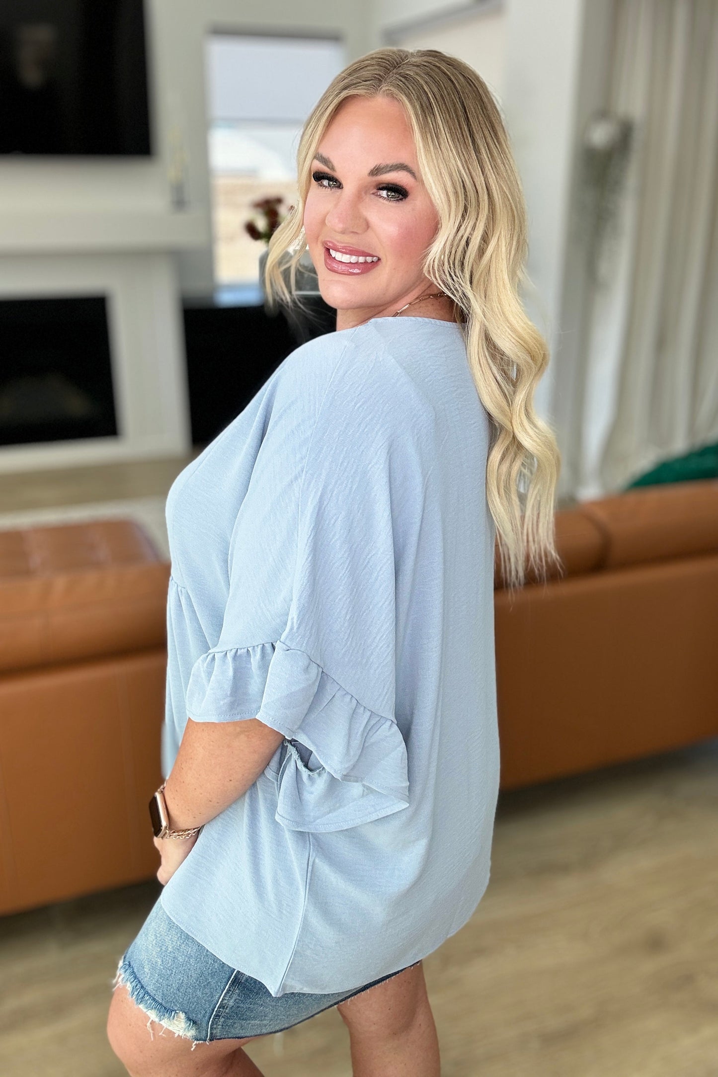 Airflow Peplum Ruffle Sleeve Top in Chambray - Andree By Unit