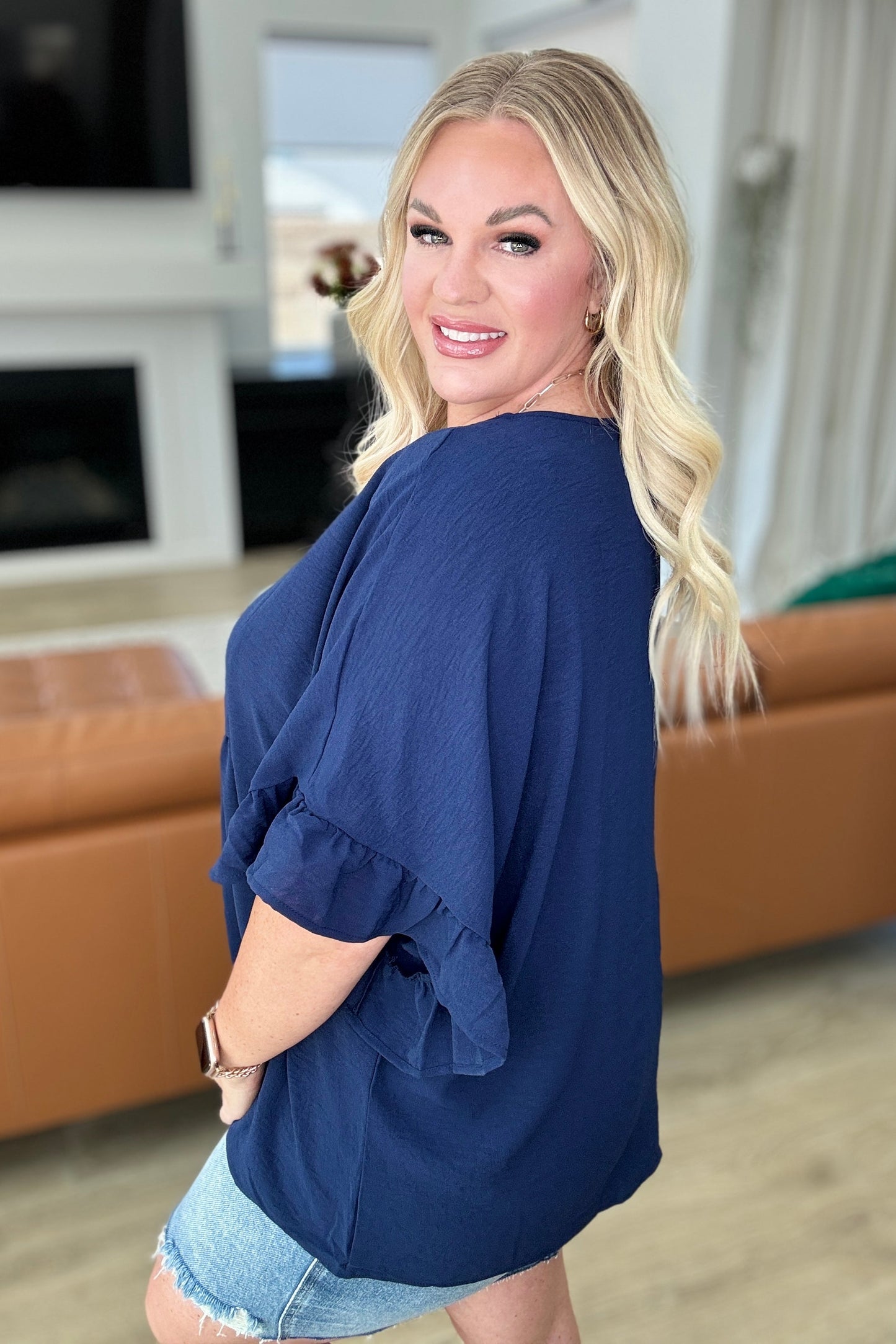 Airflow Peplum Ruffle Sleeve Top in Navy - Andree By Unit