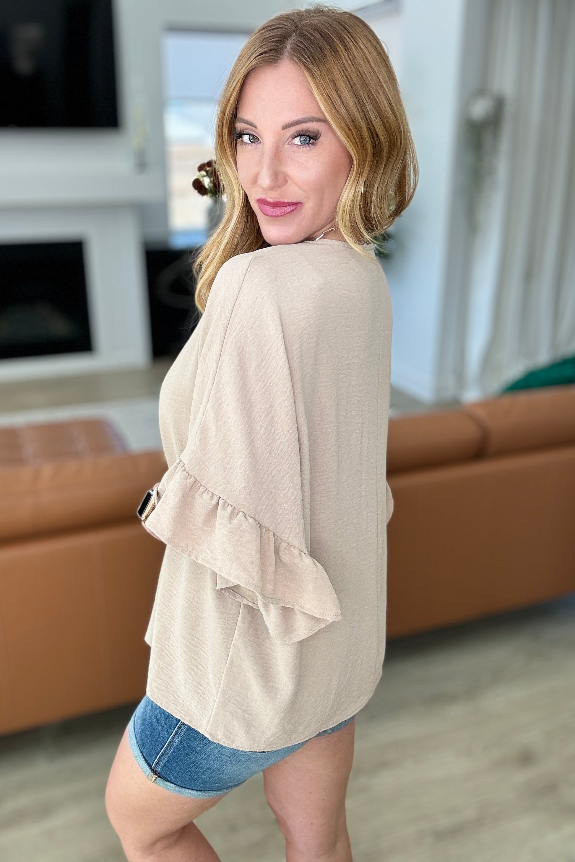Airflow Peplum Ruffle Sleeve Top in Taupe - Andree By Unit