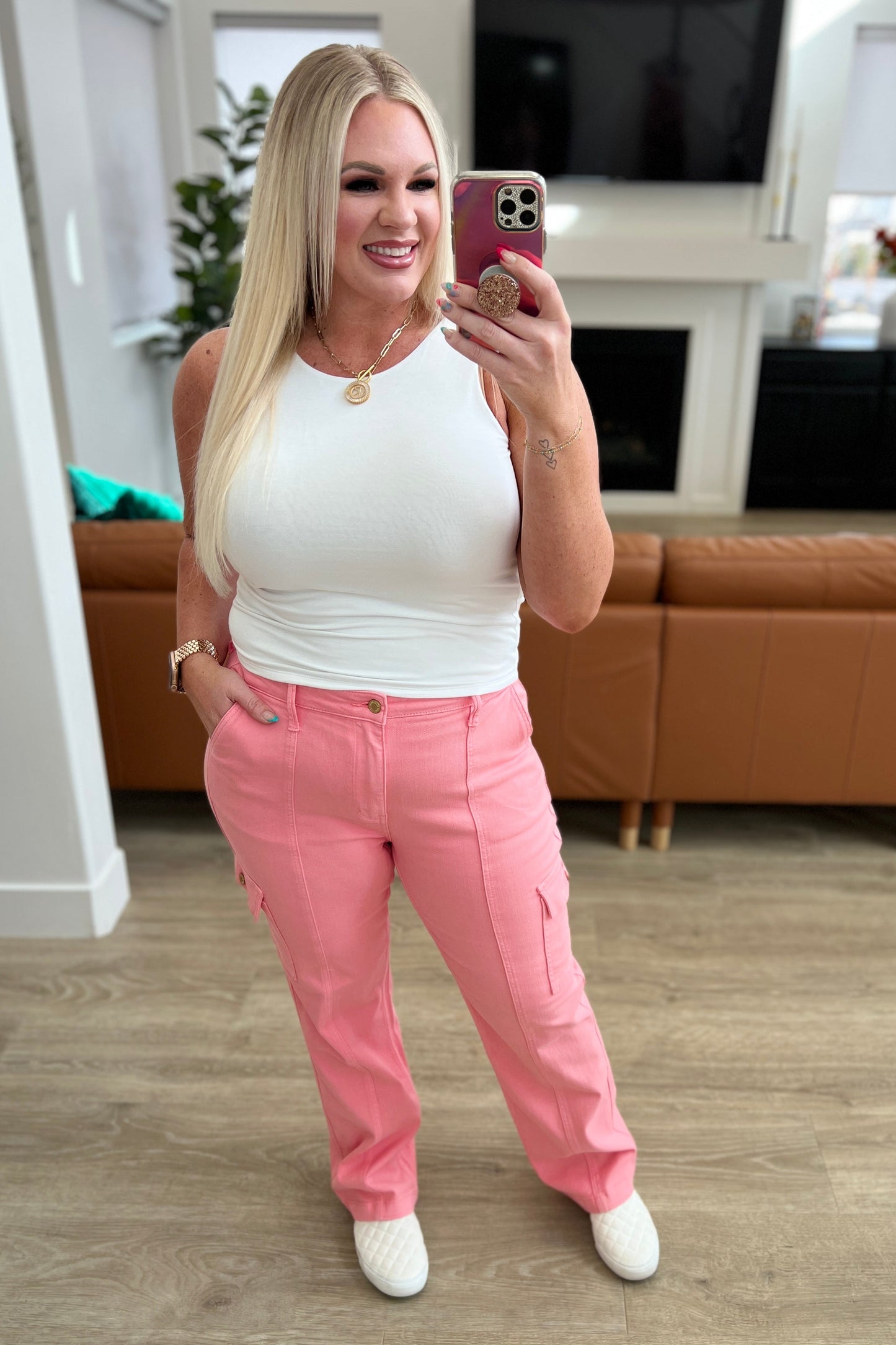 Peggy High Rise Cargo Straight Jeans in Pink - Judy Blue