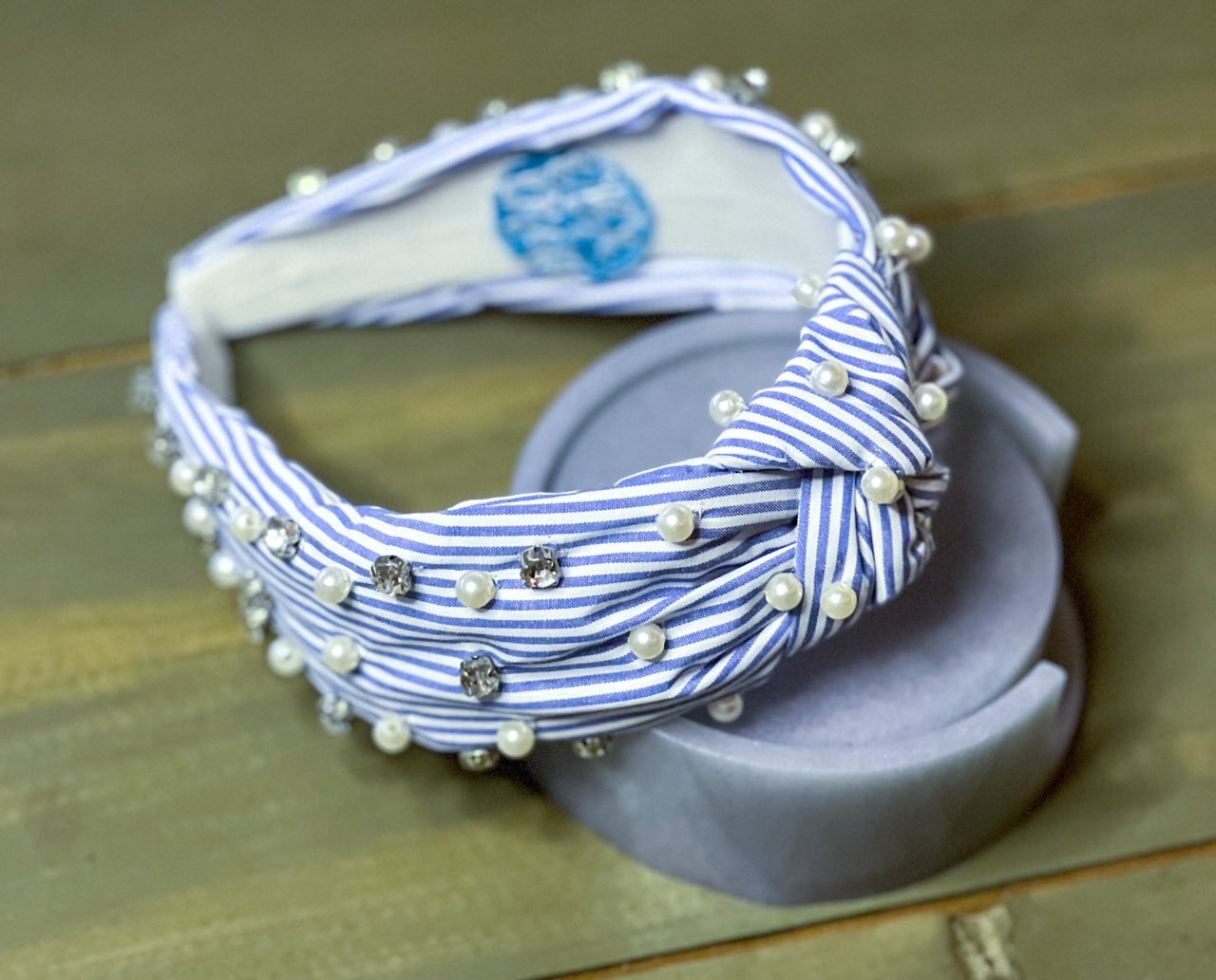Sydney Striped Blue White Spring Pearl Rhinestone Headband