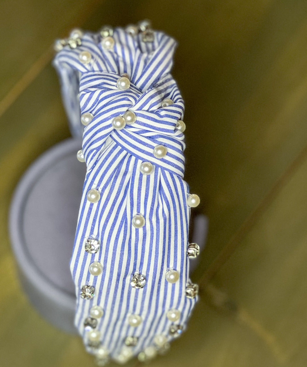 Sydney Striped Blue White Spring Pearl Rhinestone Headband