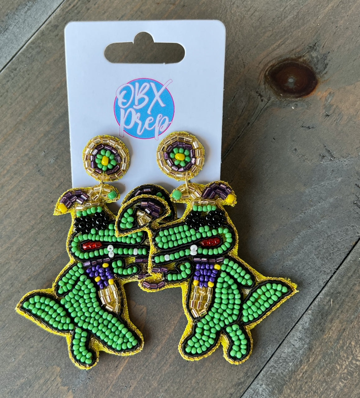 Mardi Gras Alligator Seed Bead Drop Earrings