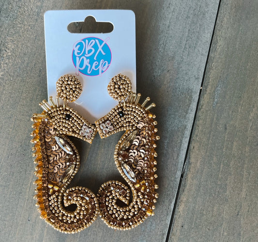 Gold Seahorse Seed Beaded Dangle Earrings