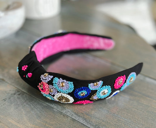 Pink and Blue Embroidered Seed Beaded Top Knot Headband with Rhinestones
