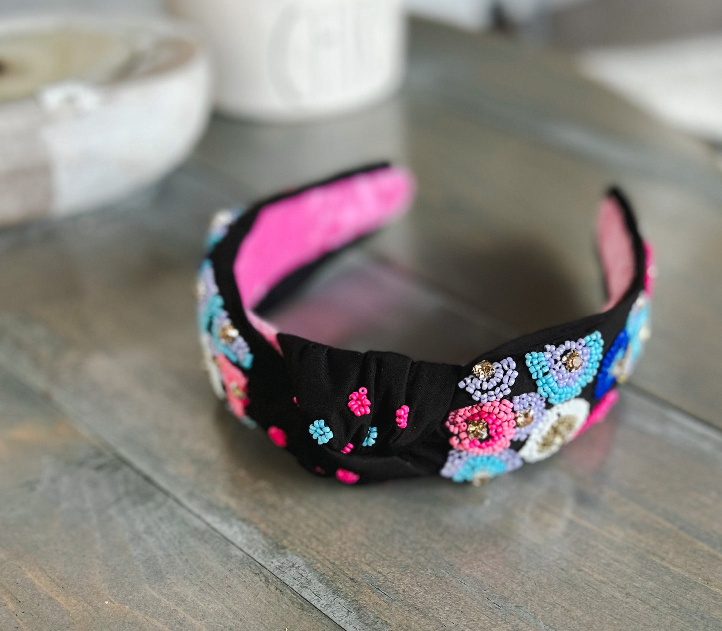 Pink and Blue Embroidered Seed Beaded Top Knot Headband with Rhinestones
