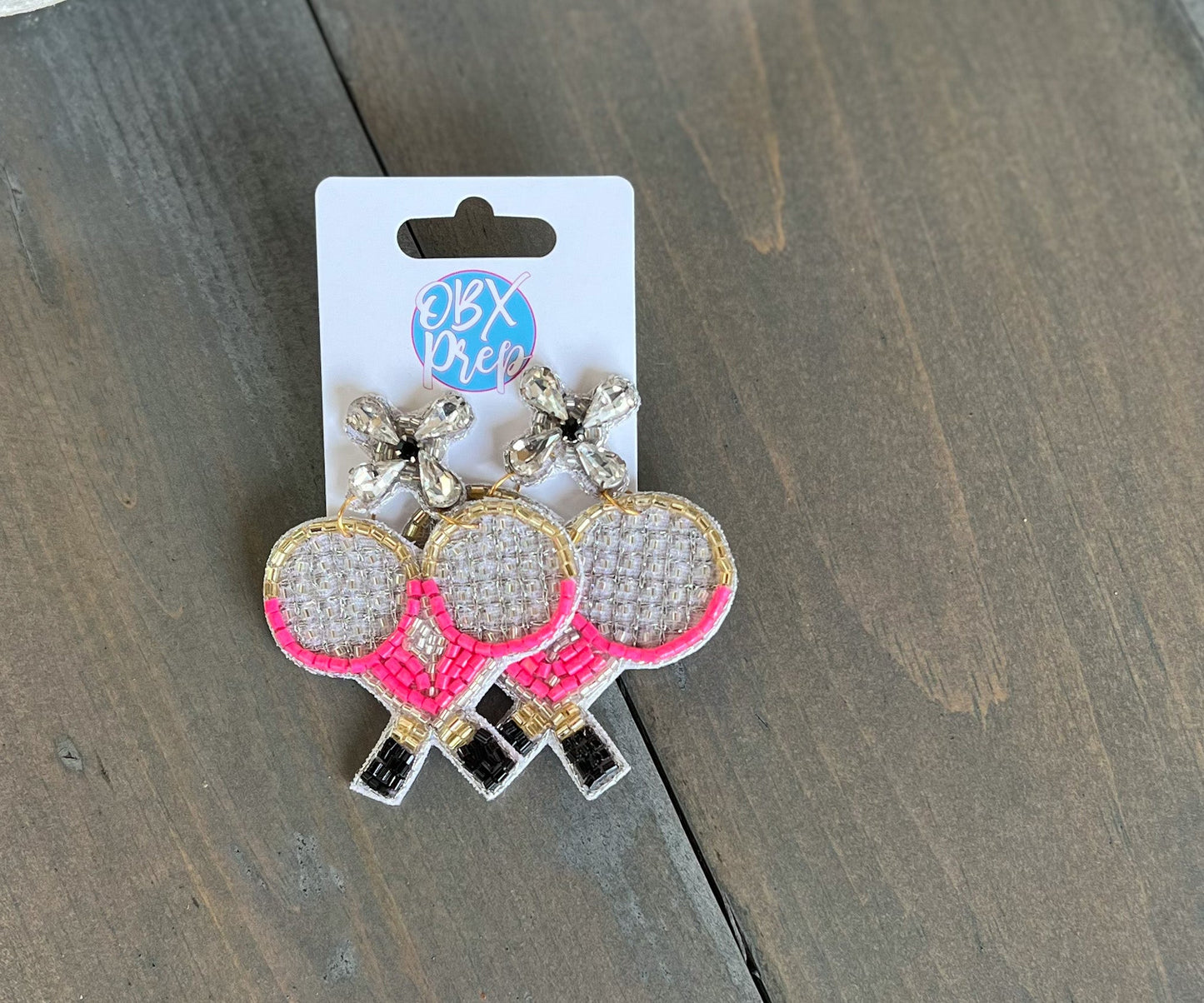 Pink Tennis Racquets Seed Beaded Drop Earrings