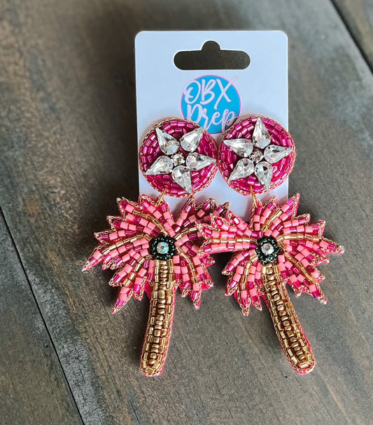 Pink Palm Tree Seed Beaded Dangle Earrings