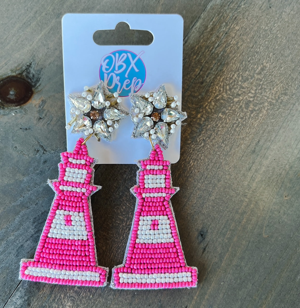 Pink Lighthouse Handmade Seed Beaded Dangle Earrings