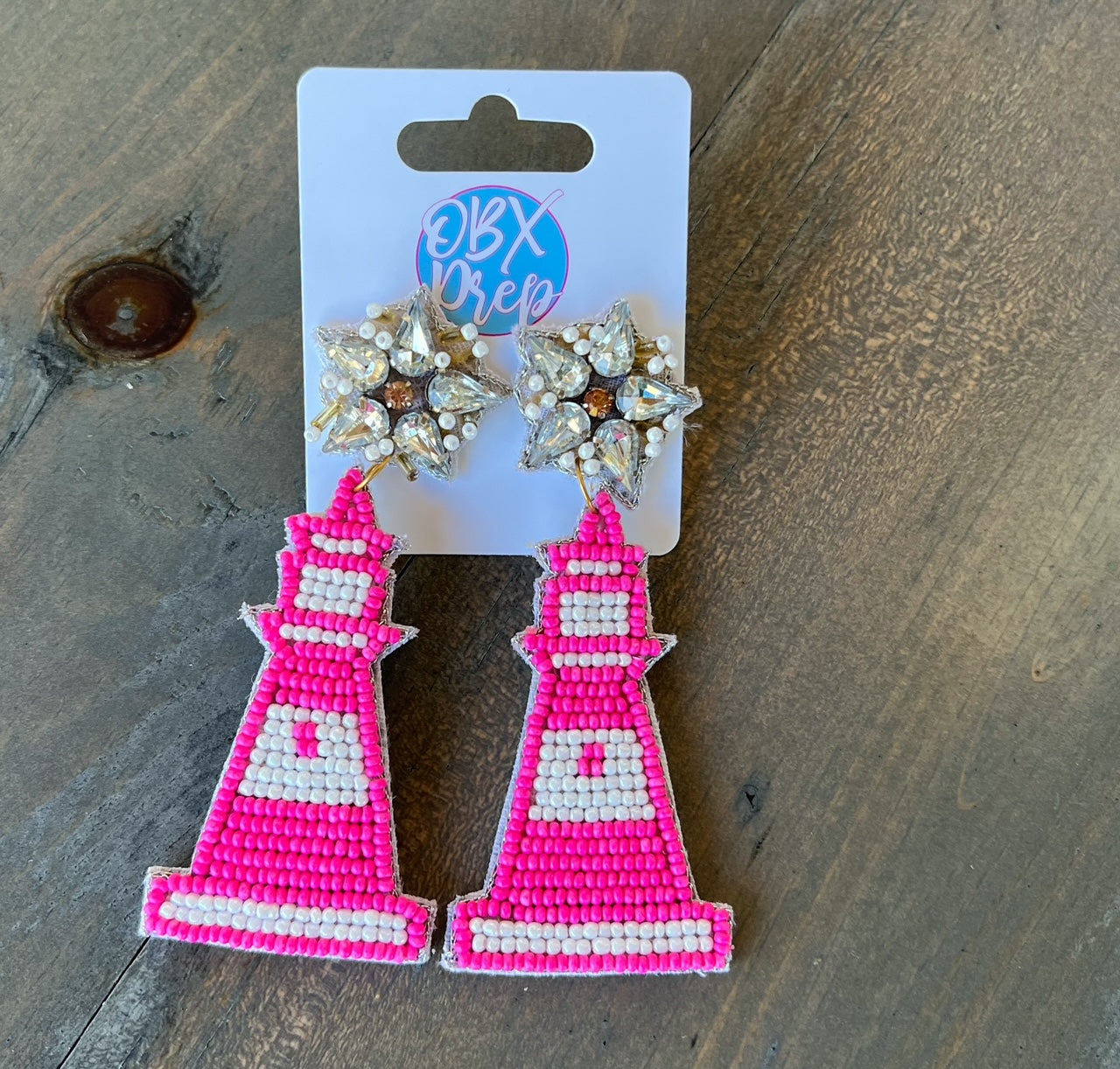 Pink Lighthouse Handmade Seed Beaded Dangle Earrings