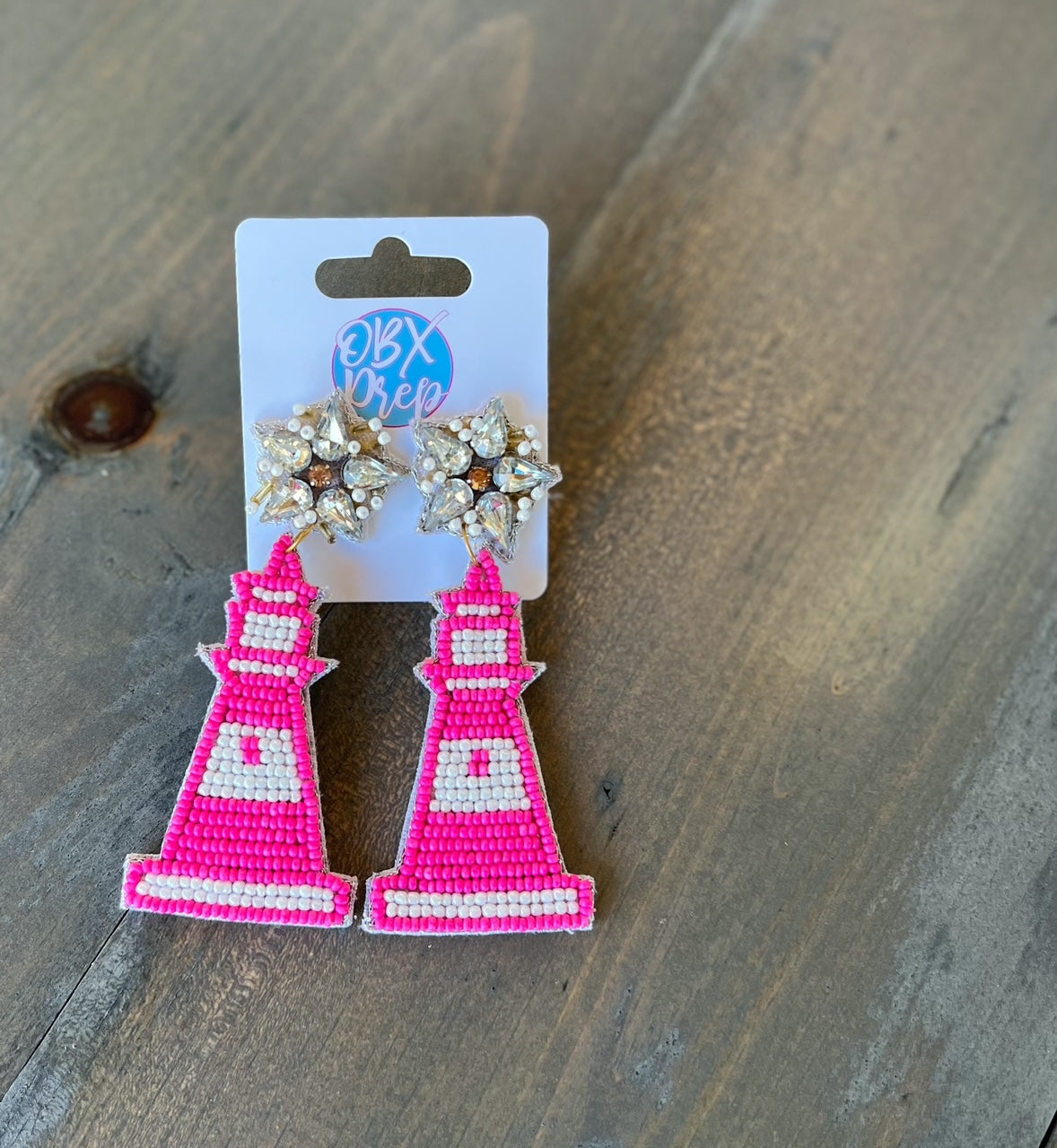 Pink Lighthouse Handmade Seed Beaded Dangle Earrings