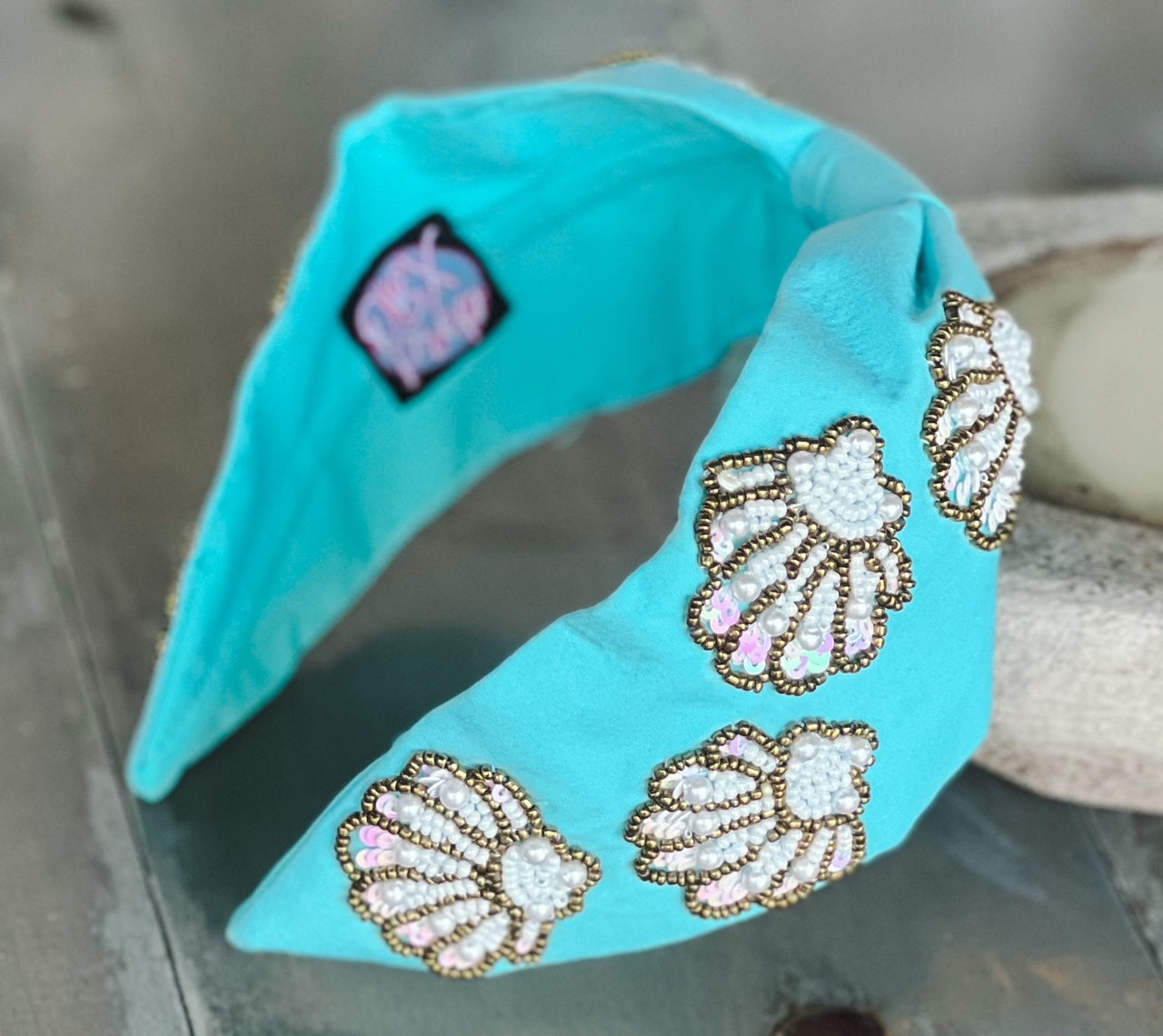 Seashell Seed Beaded Turquoise Top Knot Headband