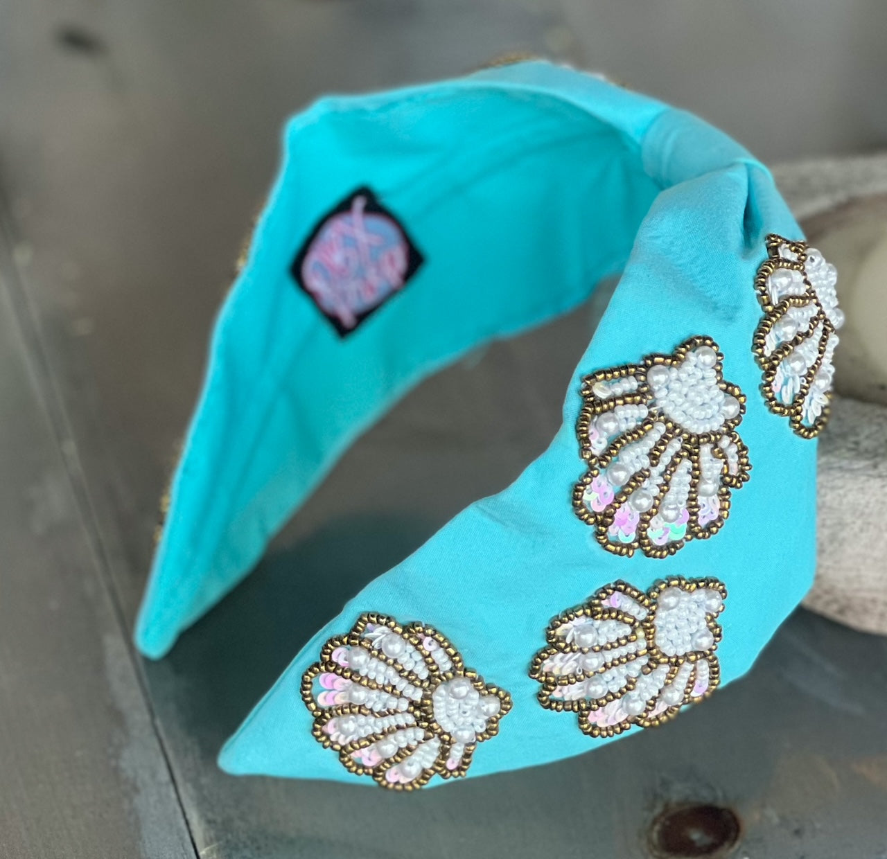 Seashell Seed Beaded Turquoise Top Knot Headband