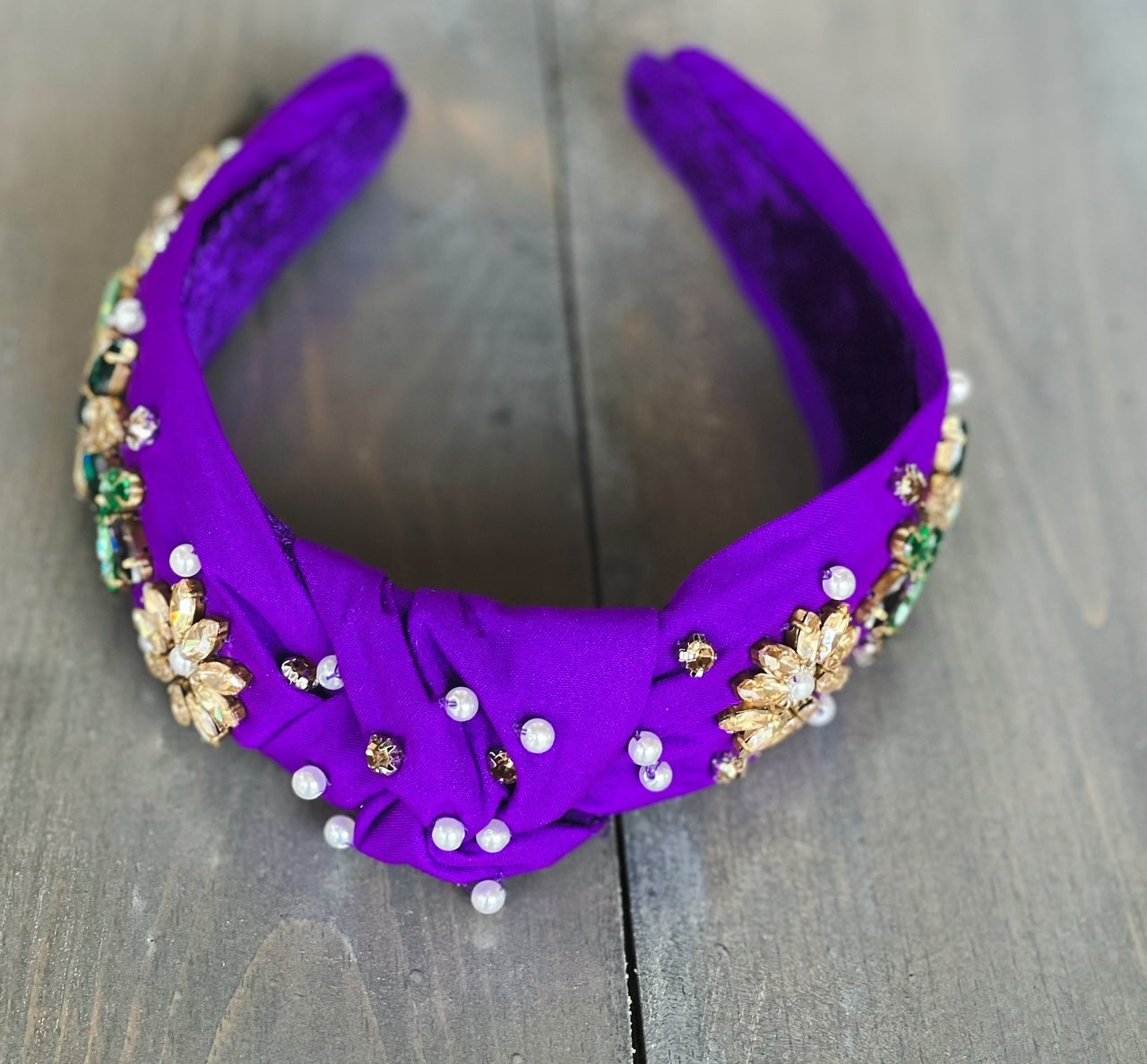 Mardi Gras Jeweled Hand Sewn Top Knot Purple Headband