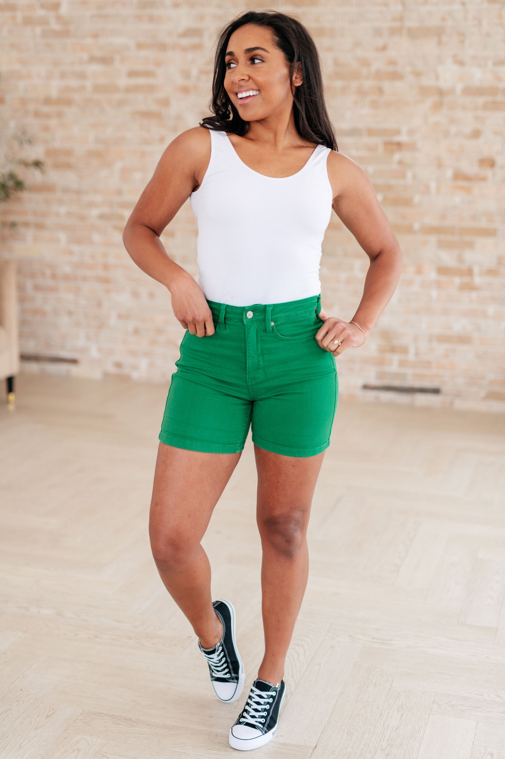 Jenna High Rise Control Top Cuffed Shorts in Green - Judy Blue