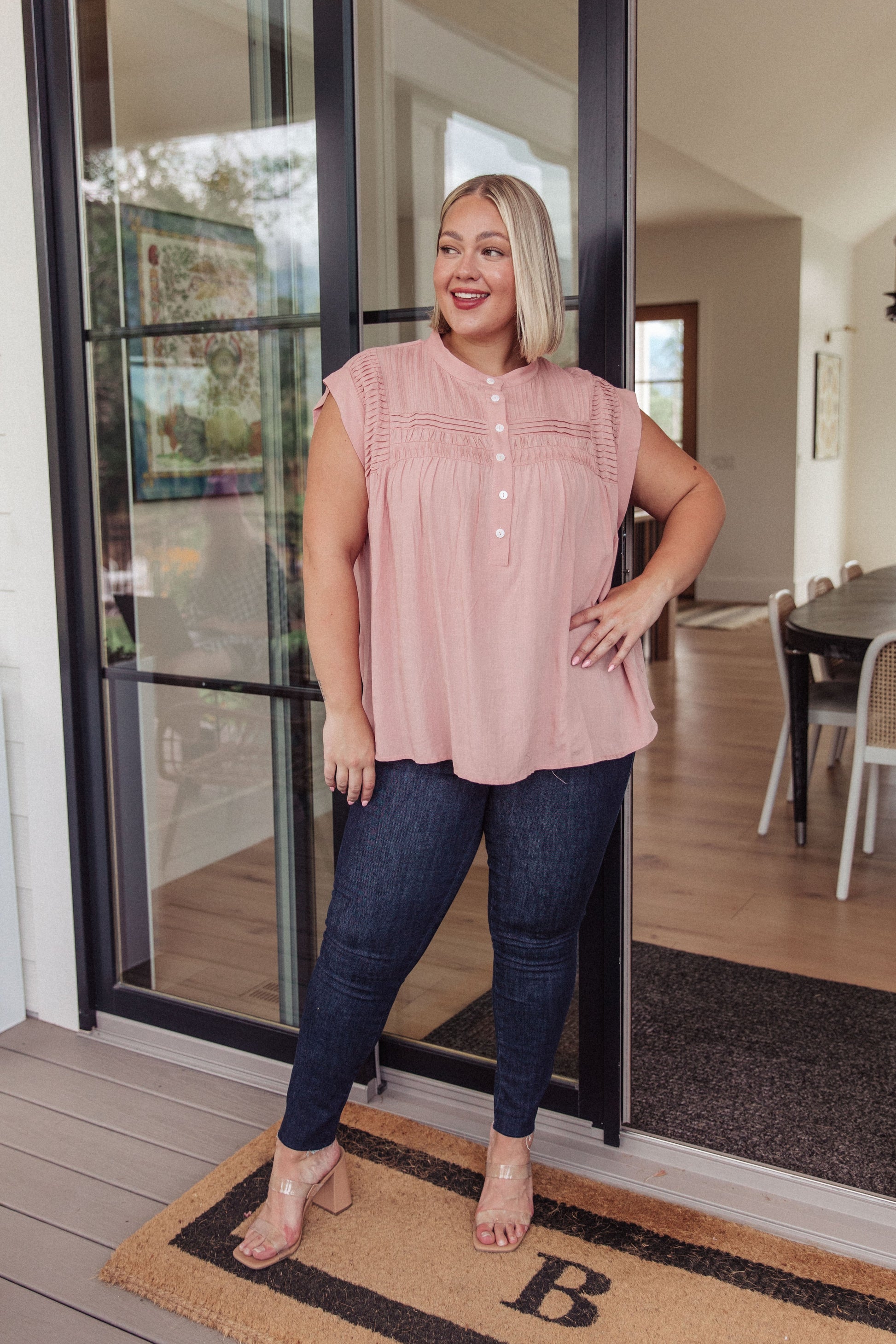 Pleat Detail Button Up Blouse in Pink - Andree By Unit