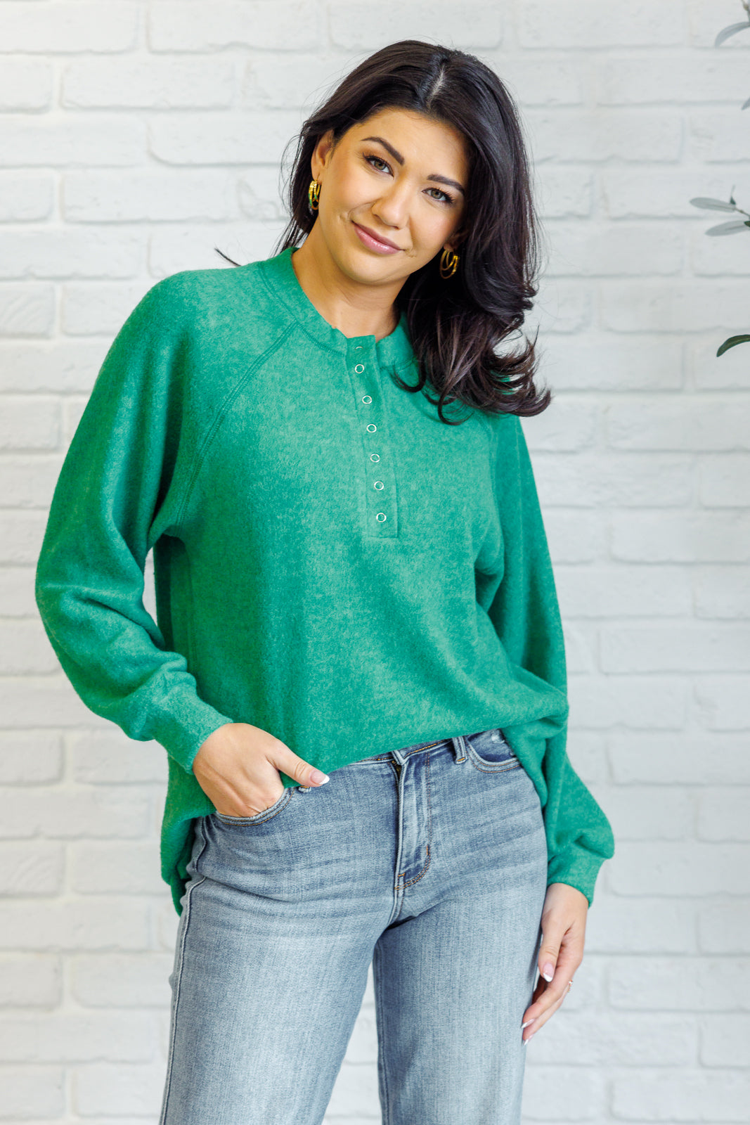 Keeping it Real Brushed Melange Hacci Long Sleeve Tee in Forest - Zenana