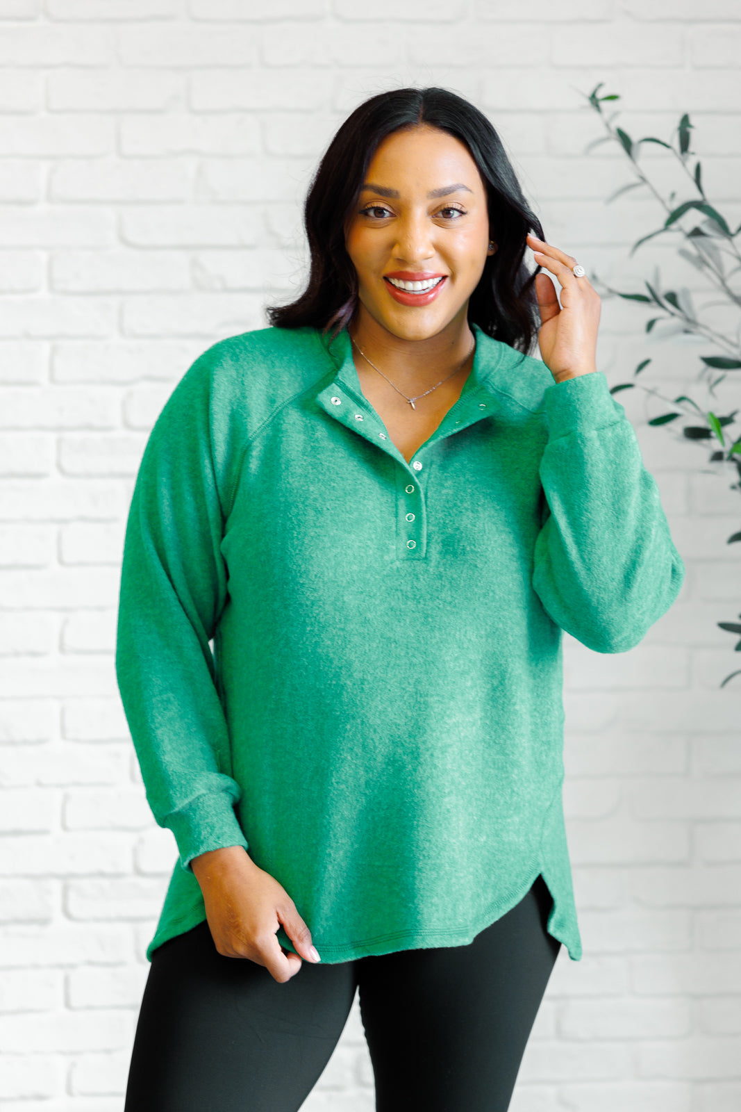 Keeping it Real Brushed Melange Hacci Long Sleeve Tee in Forest - Zenana