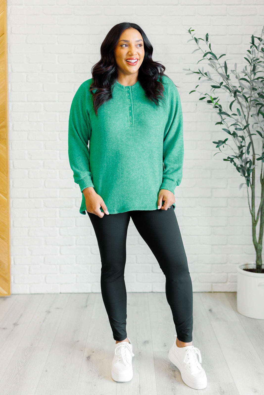 Keeping it Real Brushed Melange Hacci Long Sleeve Tee in Forest - Zenana