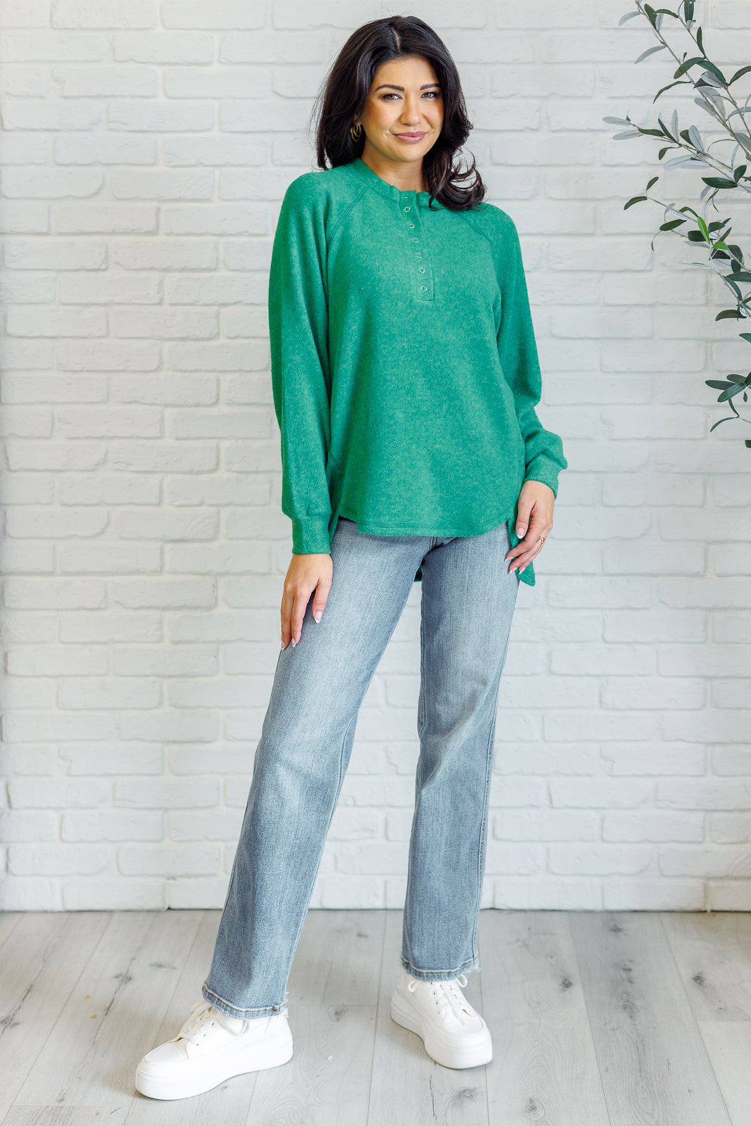 Keeping it Real Brushed Melange Hacci Long Sleeve Tee in Forest - Zenana