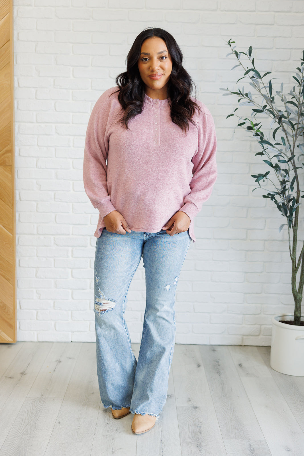 Keeping it Real Brushed Melange Hacci Long Sleeve Tee in Light Rose - Zenana