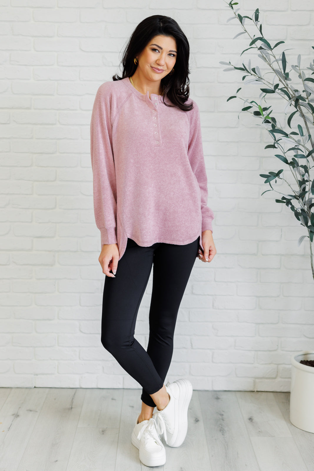 Keeping it Real Brushed Melange Hacci Long Sleeve Tee in Light Rose - Zenana