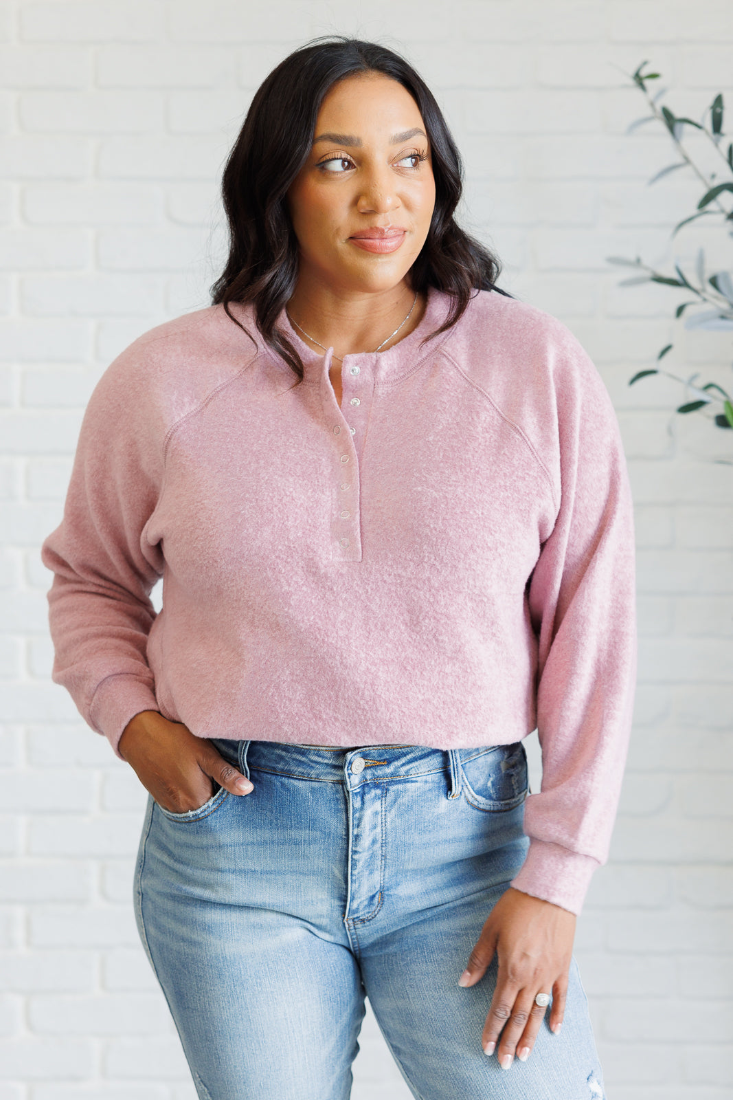 Keeping it Real Brushed Melange Hacci Long Sleeve Tee in Light Rose - Zenana