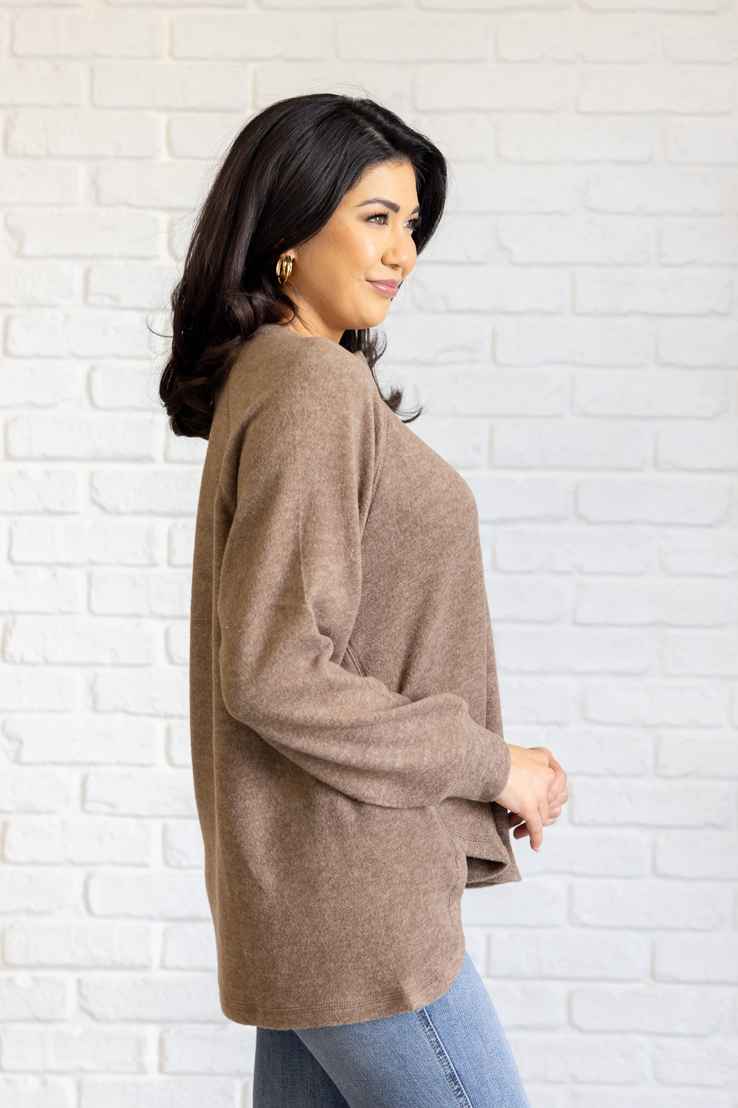 Keeping it Real Brushed Melange Hacci Long Sleeve Tee in Mocha - Zenana