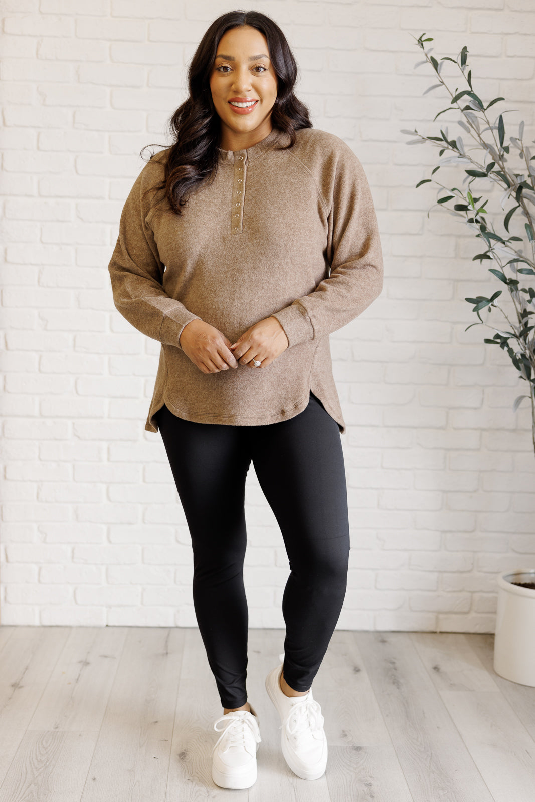 Keeping it Real Brushed Melange Hacci Long Sleeve Tee in Mocha - Zenana